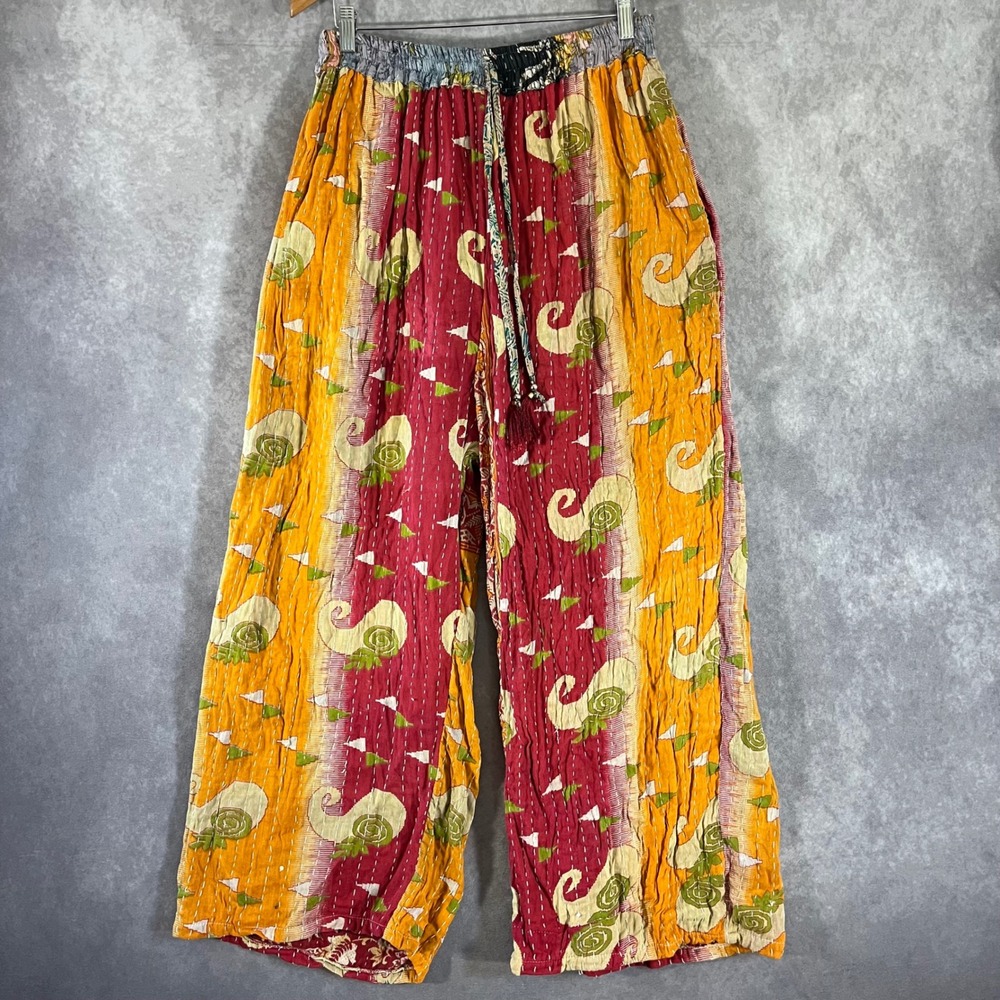 Wevez Kantha Wide Leg Pants Womens OS Multi Color Patchwork Cotton Boho Pockets
